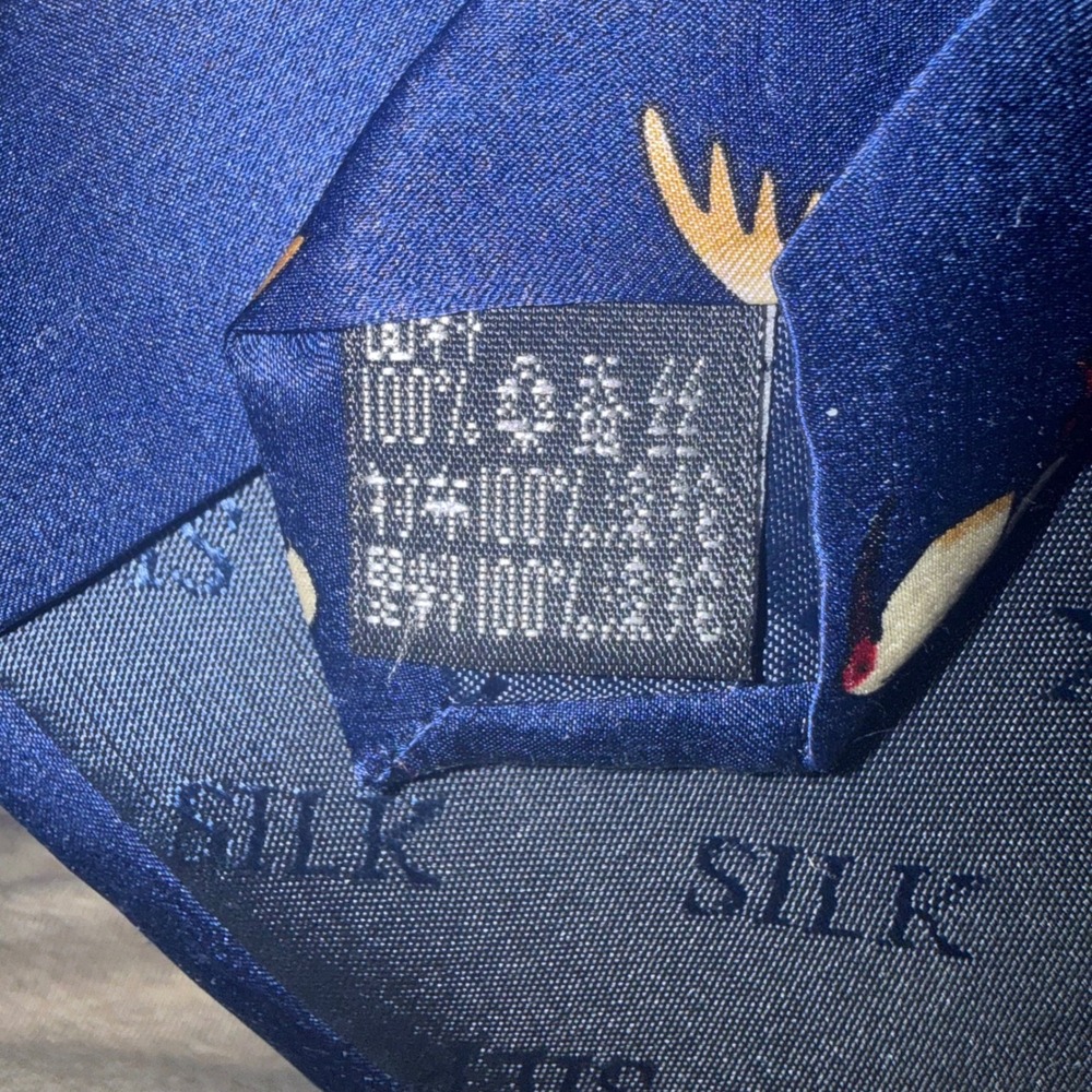 Vintage Lanbo Mens Silk Necktie Navy Blue‎ Crane Ibis Bird Pattern Tie - Picture 4 of 4